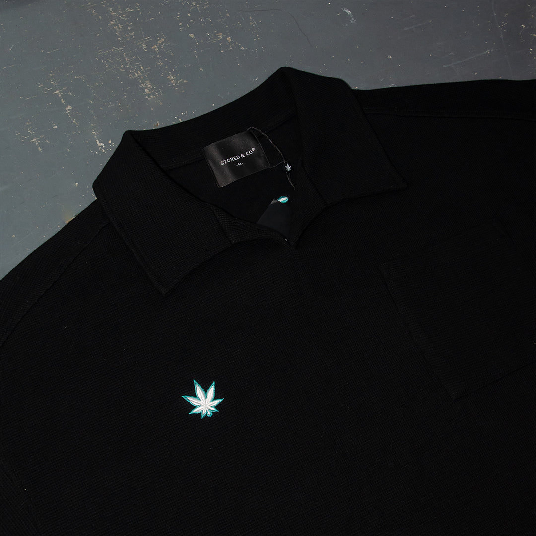 Stoned | Blessed Waffle Open Collar Tee Black